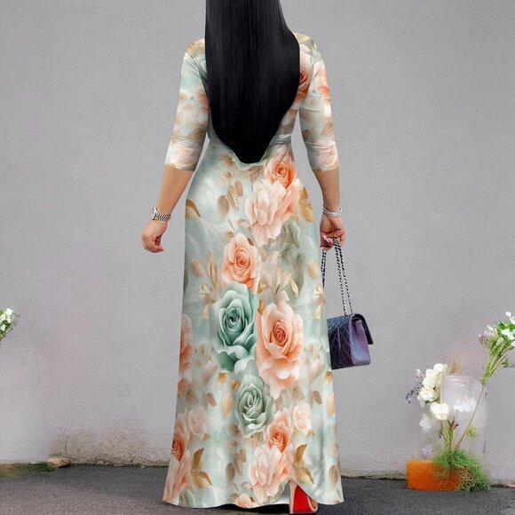 Women's Plus Size Maxi Dresses 3/4 Sleeves Bohemian Long Dress Printed Swing Dre - Picture 6 of 6